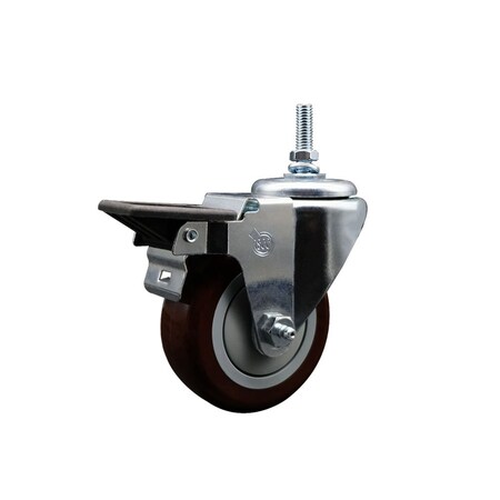 Service Caster 35 Inch Maroon Polyurethane 38 Inch Threaded Stem Caster with Brake SCC-TS20S3514-PPUB-MRN-PLB-381615